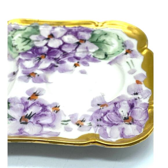 Antique Porcelain Bavaria Tirschenreuth Gold rim purple‎ flowers trinket dish - Picture 2 of 7